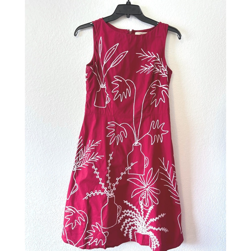 Botanical Red Embroidered Potted Plant A-Line Dress Sleeveless eShakti